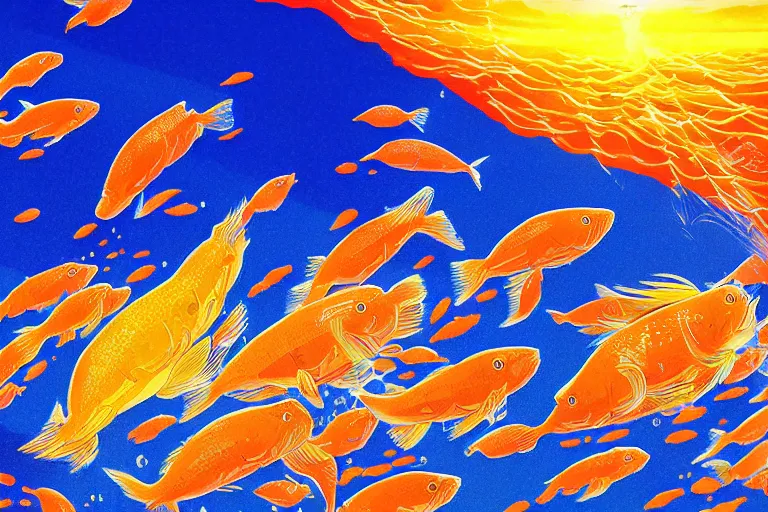 Prompt: portrait of goldfishes swarming the ocean. shadow and light. rays of light. energetic, dynamic, lively, detailed, intricate, complex. fine art by hayao miyazaki, akira toriyama, makoto shinkai, and ohara koson.