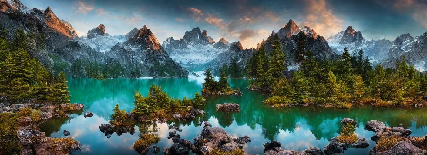 Image similar to photograph of mountains with a lake in front of them, trees on the side, rocks in foreground by marc adamus, highly detailed, intricate detail, cinematic lighting