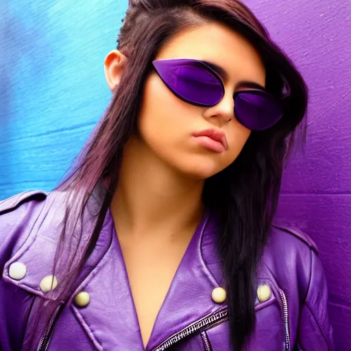 Image similar to closeup painting of a very beautiful young mexican cyberpunk woman with light blue shutter shades, one side haircut, long brown hair with light blue ends, purple leather jacket