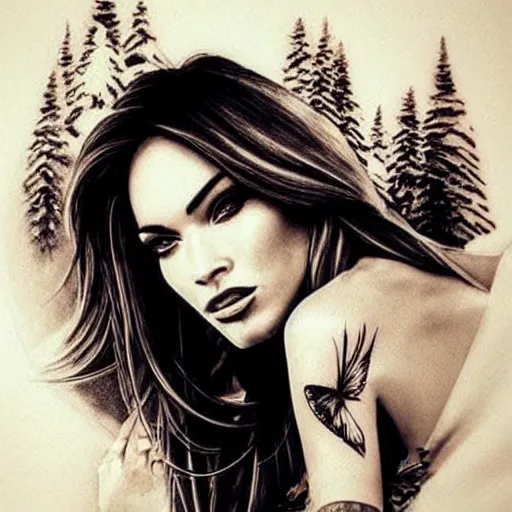 Image similar to double exposure tattoo sketch of megan fox with beautiful mountain scenery, hyper - realistic, in the style of den yakovelev, amazing detail, sharp