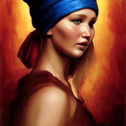 Prompt: portrait of Jennifer Lawrence in the style of Girl with a Pearl Earring by Johannes Vemeer, oil painting, masterpiece, old master, grand master, symmetrical facial features, intricate, elegant, digital painting, concept art, smooth, sharp focus, illustration, from StarCraft by Ruan Jia and Mandy Jurgens and Artgerm and William-Adolphe Bouguerea