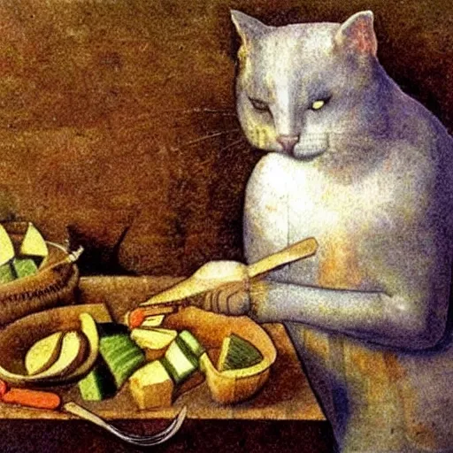 Image similar to the cat cooks soup, stirring a pot with a ladle and cutting vegetables, oil painting, drawn by Leonardo Da Vinci