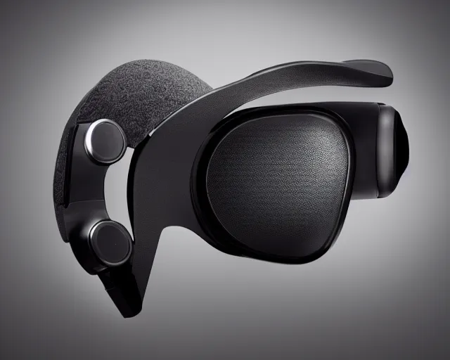 Image similar to Professional slick Product marketing photo. Steam's Valve Index HMD VR Headset. Slick and shiny presentation. Well organized and minimalist.