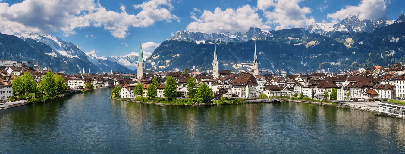 Image similar to Photo of Zurich, looking down the Limmat at the lake and the alps, Hardturm, Grossmünster, wide angle, volumetric light, hyperdetailed, light blue water, artstation, cgsociety, 8k