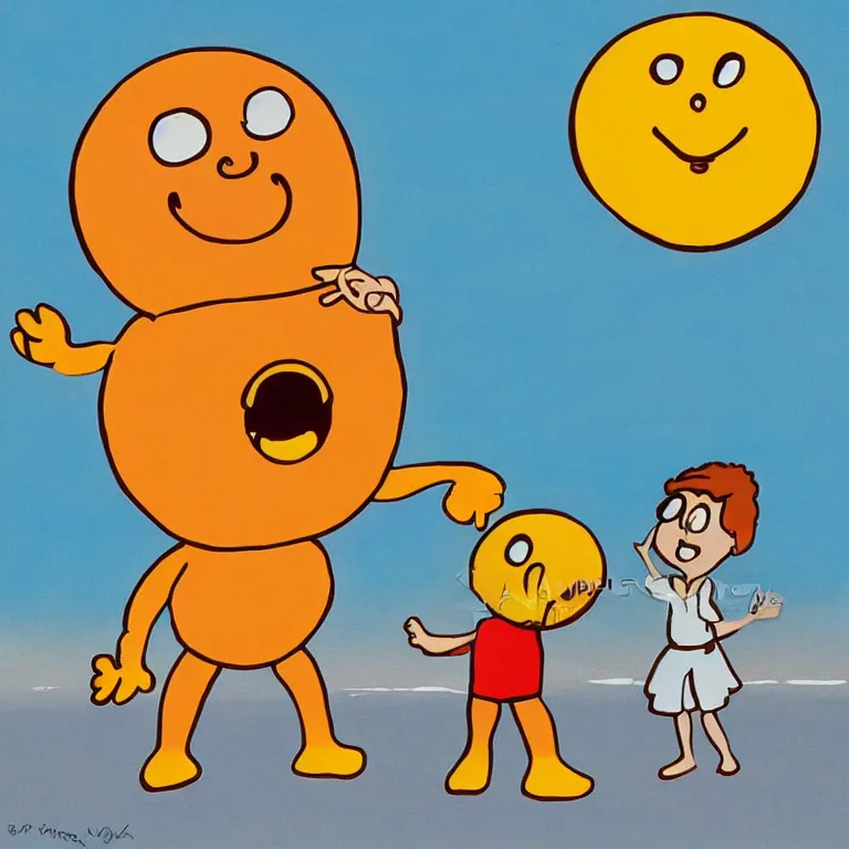 Prompt: a cartoon character that is a button hugging a cartoon character of the sun at the beach, detailed realists 1 9 8 0 s saturday morning cartoon style