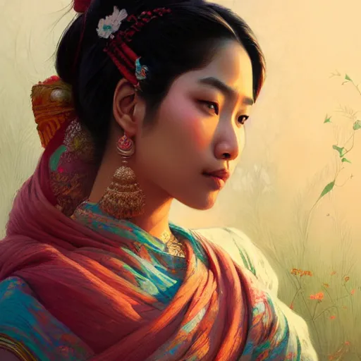 Prompt: beautiful south traditional asian woman, extremely detailed, sharp focus, wide view, full body shot, smooth, digital illustration, by, james jean, by rossdraws, frank franzzeta, sakimichan, jeremy lipking, gerald brom