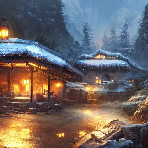 Image similar to concept art painting of a cozy village at night in a mountainous forested valley, historic european and japanese architecture, realistic, detailed, cel shaded, in the style of makoto shinkai and greg rutkowski and james gurney