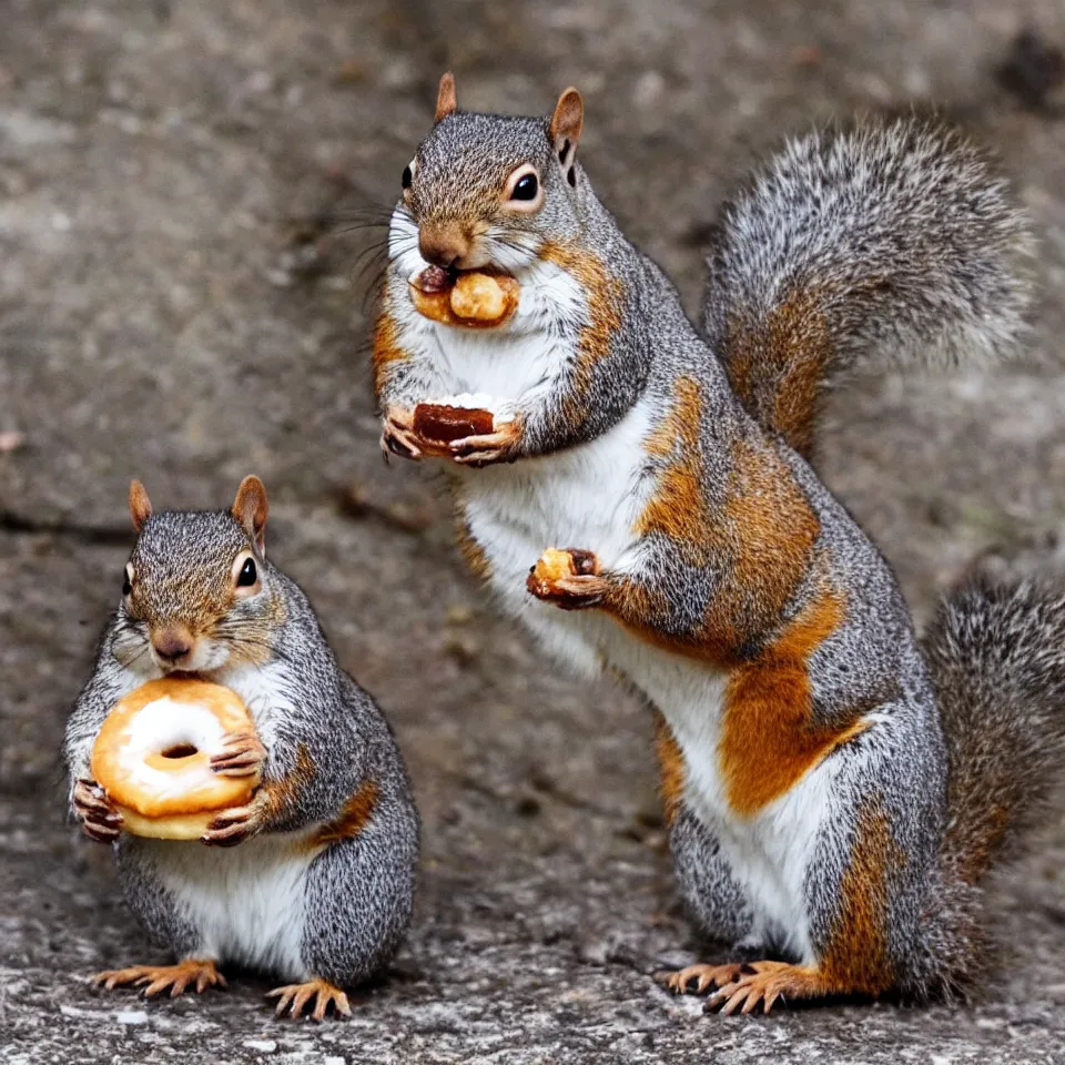 Prompt: A really fat squirrel eating a donut