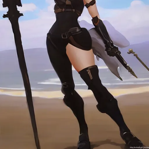 Image similar to greg manchess painting of tracer from overwatch as 2 b nier automata on the beach holding a sword, organic painting, sunny day, matte painting, bold shapes, hard edges, street art, trending on artstation, by huang guangjian and gil elvgren and sachin teng