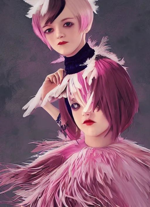 Image similar to little girl with an eccentric haircut wearing an dress made of feathers, artwork made by ilya kuvshinov and hirohiko araki, full character