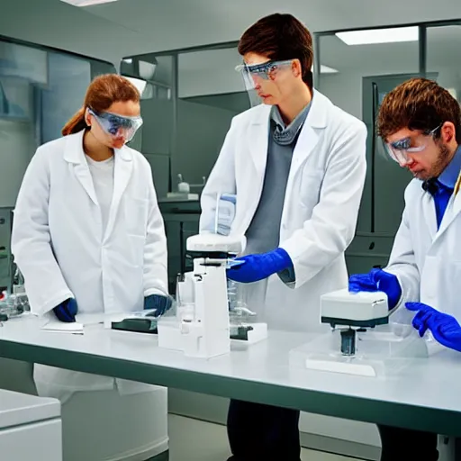 Image similar to “scientists in a bright bio lab working at a bench, photorealistic”