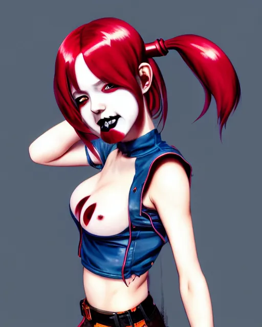 Image similar to portrait Anime as harley-quinn character girl cute-fine-face, brown-red-hair pretty face, realistic shaded Perfect face, fine details. Anime. realistic shaded lighting by Ilya Kuvshinov katsuhiro otomo ghost-in-the-shell, magali villeneuve, artgerm, rutkowski, WLOP Jeremy Lipkin and Giuseppe Dangelico Pino and Michael Garmash and Rob Rey