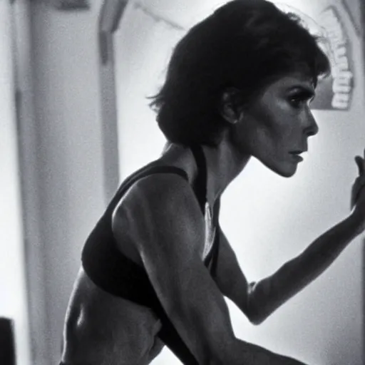 Prompt: movie still, 1 9 8 0 s, kate jackson as dancer assassin, hyperdetailed, by ridley scott, john carpenter and vittorio storaro, blue lights
