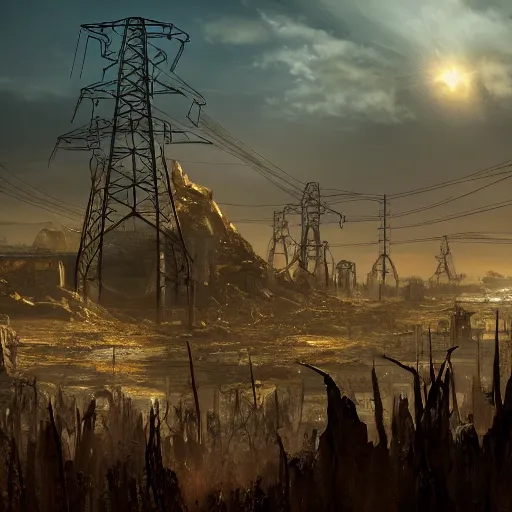 Prompt: real world trending on artstation A wasteland of cybernetic wastelands made of gold and thorns, 8k resolution matte painting, trending on artstation A electricity themed world invented entirely the face of