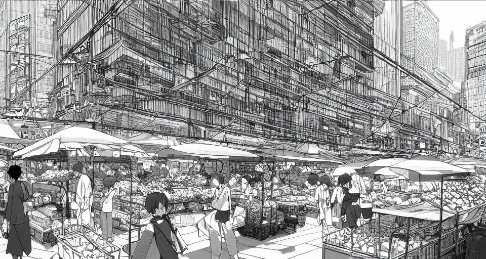 Prompt: market of the cyber city, line drawing, no - shadow, detailed, black and white, daylight, by makoto shinkai takashi takeuchi studio ghibli, akihiko yoshida