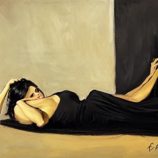 Image similar to Ground Level Shot, long shot of a beautiful dark haired woman wearing a black dress, laying on her back on a bed, holding old telephone hand peice with twisted cable by fabian perez