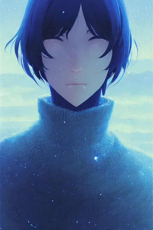 Image similar to portrait of the sapphire herald in an elegant winter sweater, by makoto shinkai, by akihiko yoshida, by zdzislaw beksinski, by dariusz zawadzki, artbook, tone mapped, deep blues, shiny, soft lighting