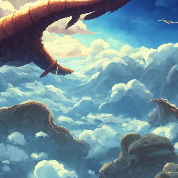 Prompt: giant leviathan flying over the mountains, clouds and sky, inspired by Nausicaa of the Valley of the Wind, Studio Ghibli, Hayao Miyazaki, 8k, 4k, UHD, HDR, photorealistic, 3D, digital painting, matte painting, environment design, by Victor Nava, Artstation