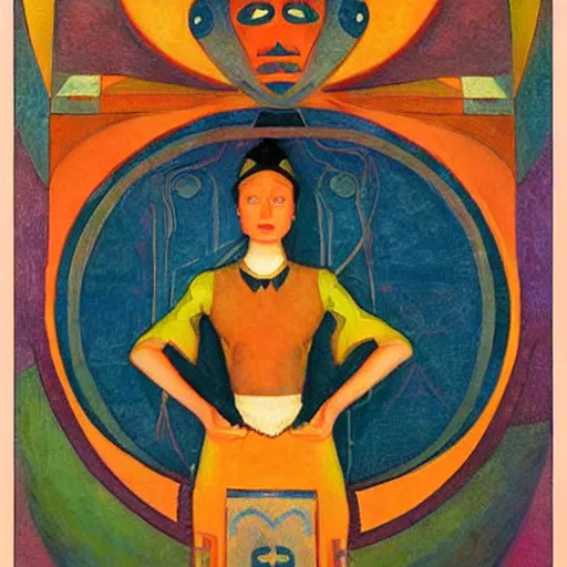 Image similar to the little robot queen in her regalia, by annie swynnerton and alayna danner and diego rivera and nicholas roerich, symbolist, dramatic lighting, elaborate geometric ornament, smooth, sharp focus, extremely detailed, leo and diane dillon, adolf wolfli, soft pastel colors