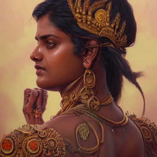 Prompt: portrait painting of dark muscular oiled indian woman back, ultra realistic, concept art, intricate details, eerie, highly detailed, photorealistic, octane render, 8 k, unreal engine. art by artgerm and greg rutkowski and alphonse mucha