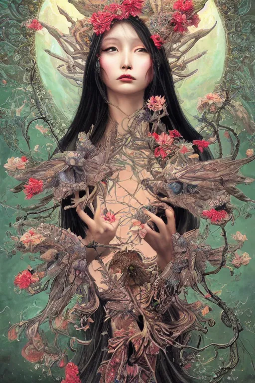 Prompt: breathtaking detailed concept art painting of the goddess of death moth, orthodox saint, with anxious, piercing eyes, ornate background, amalgamation of leaves and flowers, by Hsiao-Ron Cheng, James jean, Miho Hirano, Hayao Miyazaki, extremely moody lighting, 8K