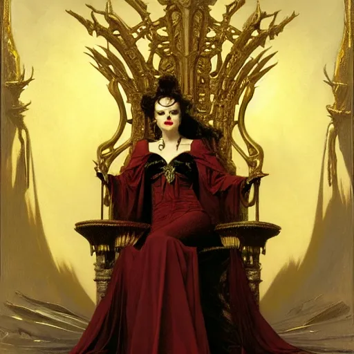 Image similar to perfectly centered portrait of beautiful vampire queen in gold gothic robe sitting on a throne of white bones, painting by gaston bussiere, craig mullins, j. c. leyendecker, 8 k, mid shot