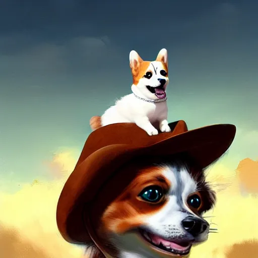 Image similar to tiny cat as a girl in cowboy hat riding on the back of a giant corgi by greg rutkowski