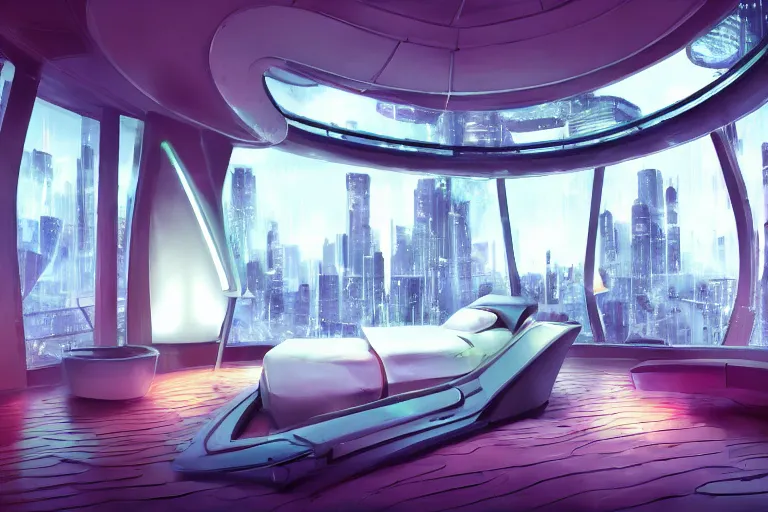 Image similar to a futuristic bedroom with large curved ceiling high windows looking out to a far future cyberpunk cityscape, cyberpunk neon lights, raining, scifi