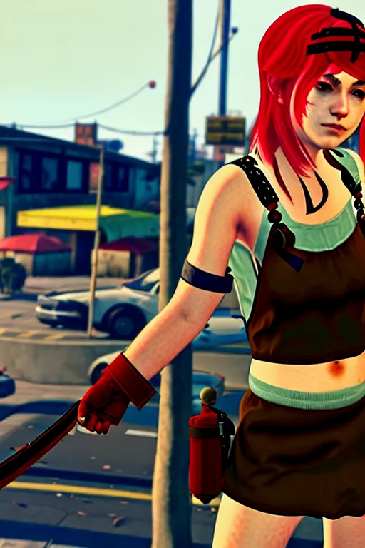 Image similar to A cute spaghetti-girl thief protagonist with leather-strap-armor and ninja weapons in GTA 5