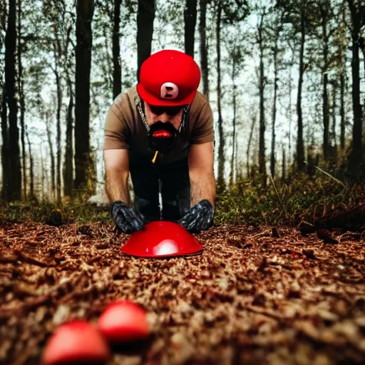 Prompt: italian man with a mustache dressed as mario wearing a solid red mario hat, crawling on the ground, licking a red mushroom with white spots, in a forest, photography, 50mm lens, f1.8