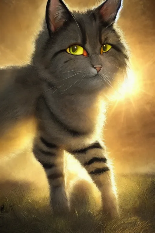 Image similar to a book cover for warrior cats by wayne mclouglin, depth of field, sun flare, hyper realistic, very detailed, backlighting, trending on artstation