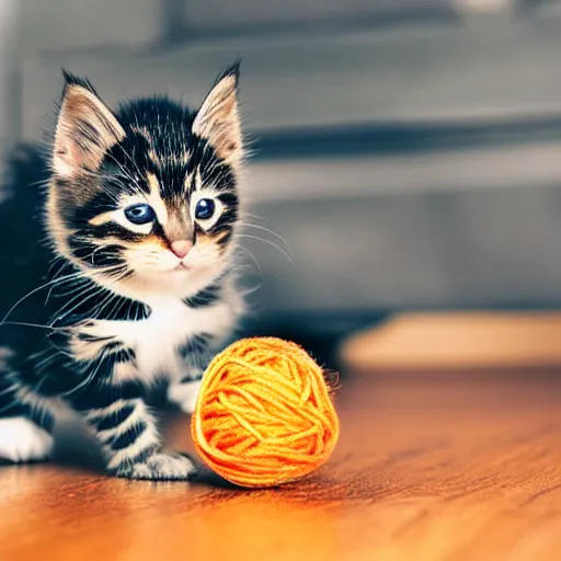 Image similar to small tortoiseshell colored kitten playing with a ball of yarn, sun rays, hardwood floor
