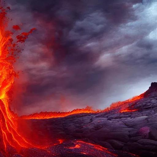 Image similar to the goddess of fire, lava, volcano, photomanipulation, beautiful, 8k, moody, atmpspheric, ethereal, otherworldly, dramatic
