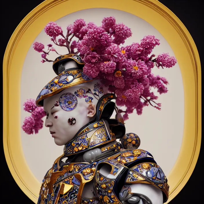 Image similar to ceramic cyborg, Kakiemon design with plums and stylized flowers in glaze and gilding, diffuse lighting, fantasy, intricate, elegant, highly detailed, lifelike, photorealistic, digital painting, artstation, illustration, concept art, smooth, sharp focus, art by John Collier and Albert Aublet and Krenz Cushart and Artem Demura and Alphonse Mucha