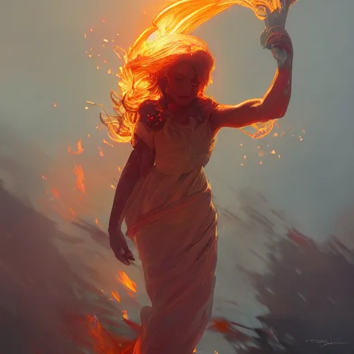 Image similar to fire shaped like a human, highly detailed, digital painting, artstation, concept art, wallpaper, smooth, sharp focus, illustration, art by artgerm and greg rutkowski and alphonse mucha