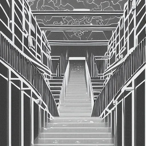 Image similar to a flood of slime in a bright white hallway with many doors and many stairs, Mc Escher architecture, epic composition, by Makoto Shinkai