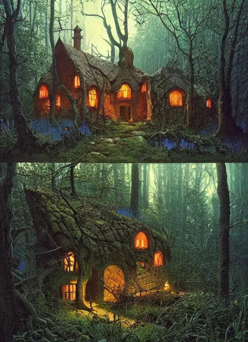 Image similar to hyper realistic witch cottage with mood lighting and technology in the woods gorgeous lighting, sunbeams blue sky, highly detailed, lush forest foliage painting by zdzisław beksinski and norman rockwell and greg rutkowski weta studio, and lucasfilm