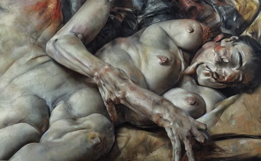 Image similar to high quality high detail painting by lucian freud and frank frazetta and jenny saville, hd, depressing, muted colors, cinematic