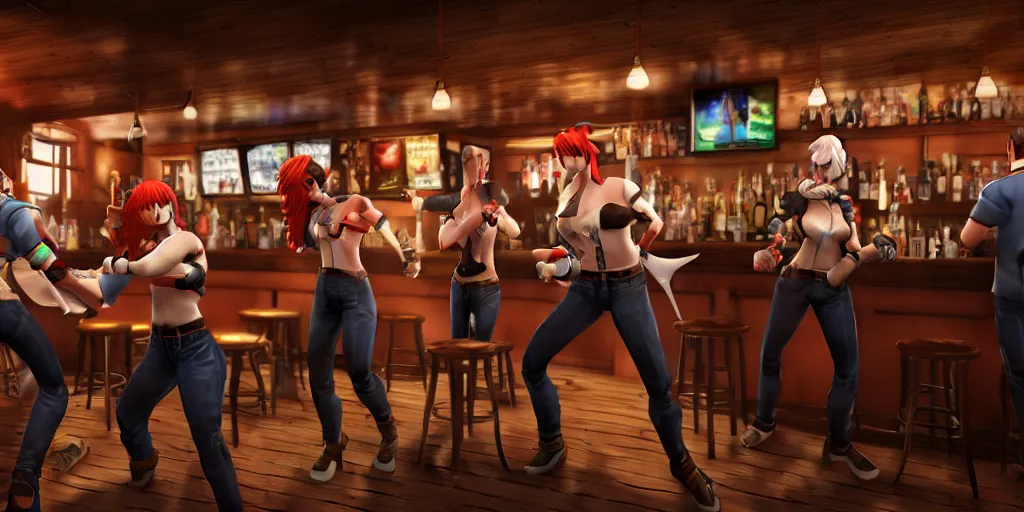 Prompt: a photo of a bar fight inside a pub between cosplayers, leica, accurate detailed faces, 4k, 3D render, hyperrealism, editorial, photorealistic, crisp details, sharp focus, wide angle lens, octane render, caustics