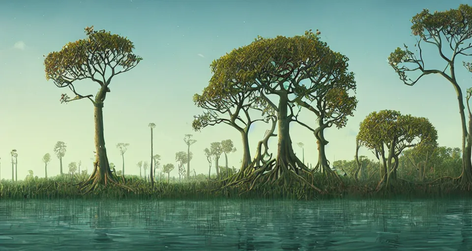 Prompt: A fantastic mangrove, by simon stalenhag