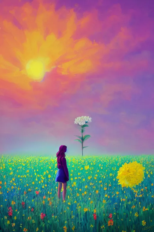 Image similar to closeup, giant flower head, girl in suit standing in a field of flowers, surreal photography, sunrise, blue sky, dramatic light, impressionist painting, digital painting, artstation, simon stalenhag