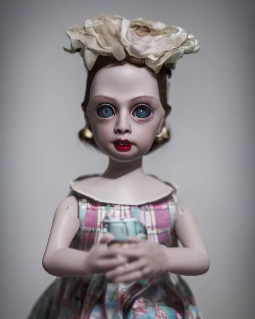 Image similar to high quality presentation photo of Steve Buscemi porcelain doll in the style of mark ryden photography 4k, f1.8 anamorphic, bokeh, 4k, Canon, Nikon