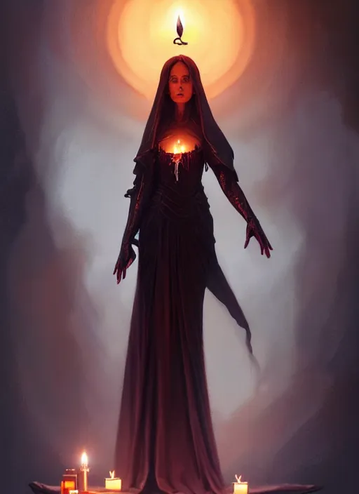 Prompt: portrait of a satanic witch standing and holding a candle, intricate, elegant, glowing lights, highly detailed, digital painting, artstation, glamor pose, concept art, smooth, sharp focus, illustration, art by artgerm and greg rutkowski, artey freytag