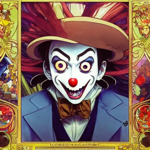 Image similar to highly detailed vfx portrait of buggy the clown by eiichiro oda, makoto shinkai, alphonse mucha, sharp focus, art by artgerm and greg rutkowski!, backlit, harsh overhead sunlight, blue eyes, stanley kybric, makoto yukimura, takeshi obata, kaoru mori, pixiv, fanbox,