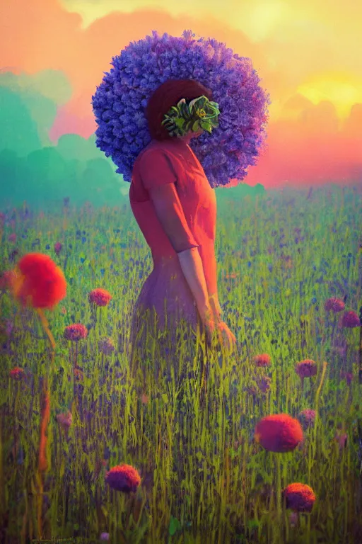 Image similar to closeup, giant flower head, girl in suit standing in a field of flowers, surreal photography, sunrise, blue sky, dramatic light, impressionist painting, digital painting, artstation, simon stalenhag