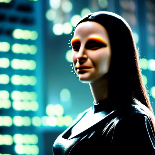 Image similar to cinematic movie still of cybernetic character named Mona Lisa in The Matrix, futuristic eye implant, cyberpunk, XF IQ4, 150MP, 50mm, F1.4, ISO 200, 1/160s, twilight in the city