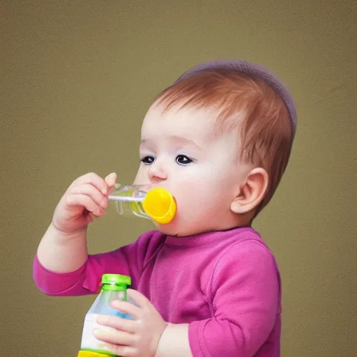 Image similar to digital art of a baby drinking milk from a baby bottle with great contentment.