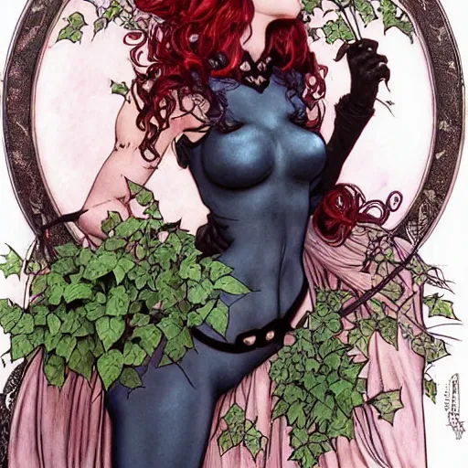 Image similar to a beautiful painting of poison ivy dressed as catwoman and catwoman dressed as poison ivy, intricate, elegant, highly detailed, digital painting, artstation, concept art, matte, sharp focus, illustration, art byby rebecca guay and by arthur rackham and by alphonse mucha and by john william waterhouse, comic book style!!!!!