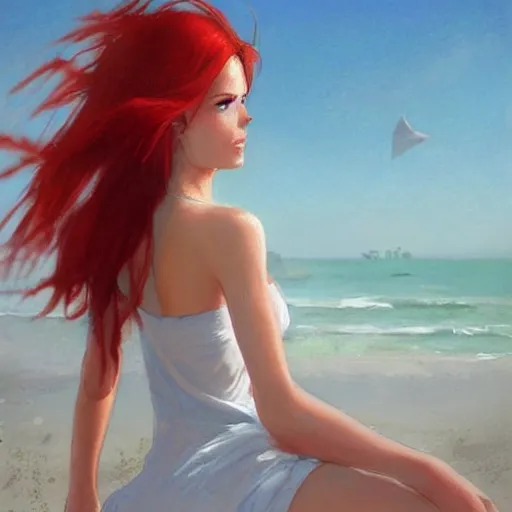 Image similar to beautiful woman with red hair in white sundress on the beach, perfect face, perfect body, eye contact, flirting, smiling, drawn by greg rutkowski