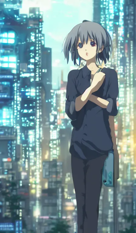 Image similar to anime fine details portrait of Mizore Shirayuki in front of cyberpunk modern city landscape on the background deep bokeh, close-up view, anime masterpiece by Studio Ghibli, 8k, sharp high quality anime, artstation